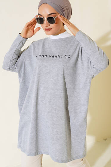 Baskılı Uzun Tunik Gri - Tunik
