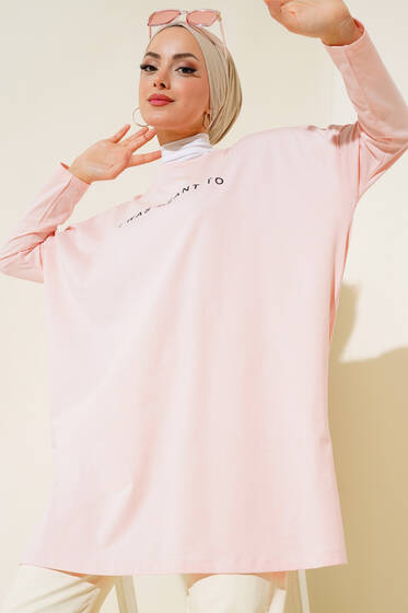 Baskılı Uzun Tunik Pudra - Tunik