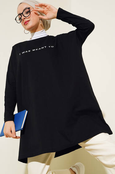 Baskılı Uzun Tunik Siyah - Tunik