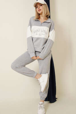 Baskılı Yaka Fermuarlı Sweat İkili Takım Gri - DİVON