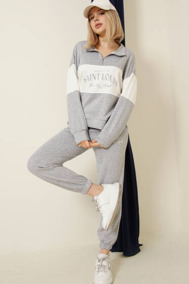 Baskılı Yaka Fermuarlı Sweat İkili Takım Gri - Kadın Giyim Modelleri
