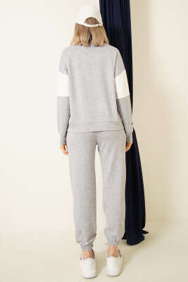 Baskılı Yaka Fermuarlı Sweat İkili Takım Gri - Kadın Giyim Modelleri