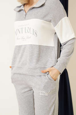 Baskılı Yaka Fermuarlı Sweat İkili Takım Gri - Kadın Giyim Modelleri