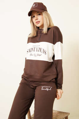 Baskılı Yaka Fermuarlı Sweat İkili Takım Kahve - Kadın Giyim Modelleri