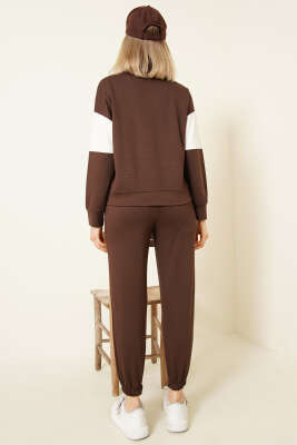 Baskılı Yaka Fermuarlı Sweat İkili Takım Kahve - Kadın Giyim Modelleri