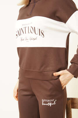 Baskılı Yaka Fermuarlı Sweat İkili Takım Kahve - Kadın Giyim Modelleri