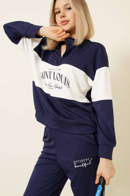 Baskılı Yaka Fermuarlı Sweat İkili Takım Lacivert - DİVON