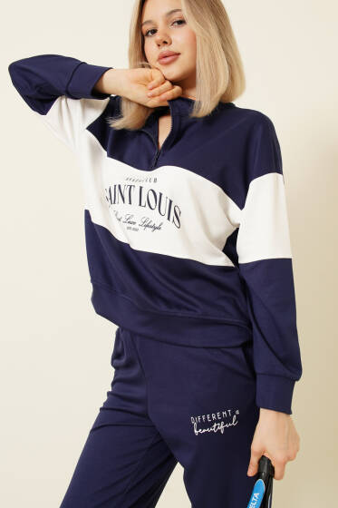 Baskılı Yaka Fermuarlı Sweat İkili Takım Lacivert - Kadın Giyim Modelleri
