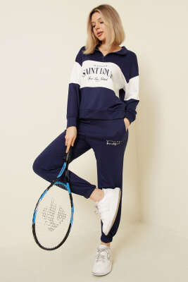 Baskılı Yaka Fermuarlı Sweat İkili Takım Lacivert - Kadın Giyim Modelleri