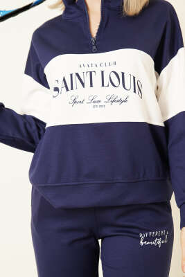 Baskılı Yaka Fermuarlı Sweat İkili Takım Lacivert - Kadın Giyim Modelleri