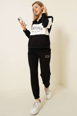 Baskılı Yaka Fermuarlı Sweat İkili Takım Siyah - DİVON