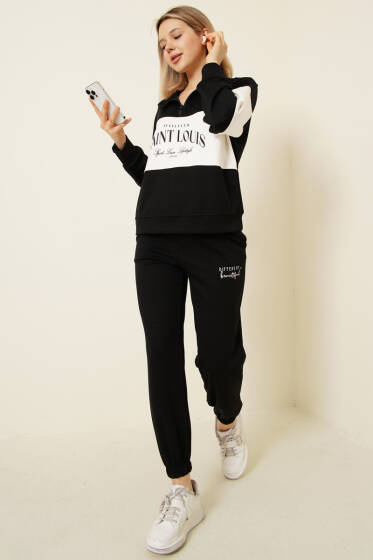 Baskılı Yaka Fermuarlı Sweat İkili Takım Siyah - Kadın Giyim Modelleri