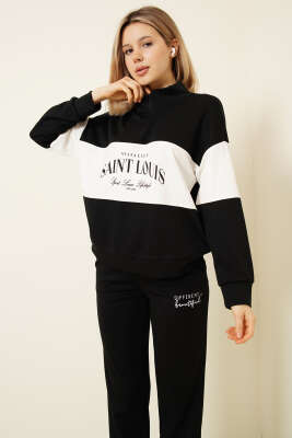 Baskılı Yaka Fermuarlı Sweat İkili Takım Siyah - Kadın Giyim Modelleri