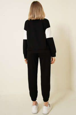Baskılı Yaka Fermuarlı Sweat İkili Takım Siyah - Kadın Giyim Modelleri