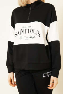 Baskılı Yaka Fermuarlı Sweat İkili Takım Siyah - Kadın Giyim Modelleri