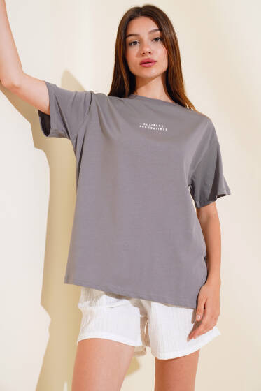 Baskılı Yan Yırtmaçlı T-shirt Antrasıt - Yeni Giyim