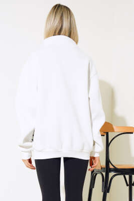 Baskılı Yarım Fermuarlı Sweatshirt Ekru - Kadın Giyim Modelleri