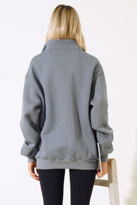 Baskılı Yarım Fermuarlı Sweatshirt Kayrak Grisi - Kadın Giyim Modelleri