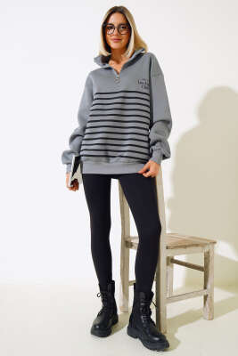Baskılı Yarım Fermuarlı Sweatshirt Kayrak Grisi - Kadın Giyim Modelleri