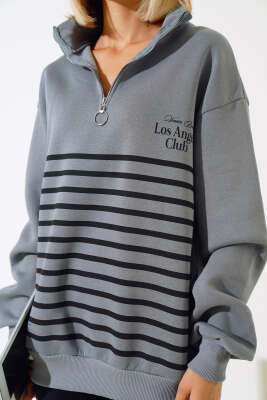 Baskılı Yarım Fermuarlı Sweatshirt Kayrak Grisi - Kadın Giyim Modelleri