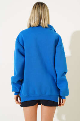 Baskılı Yarım Fermuarlı Sweatshirt Saks - Kadın Giyim Modelleri