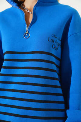 Baskılı Yarım Fermuarlı Sweatshirt Saks - Kadın Giyim Modelleri