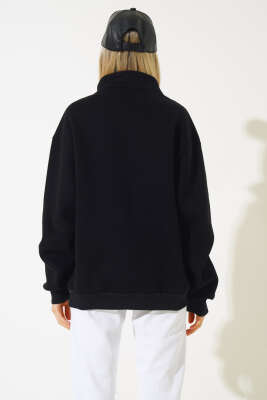 Baskılı Yarım Fermuarlı Sweatshirt Siyah - Kadın Giyim Modelleri