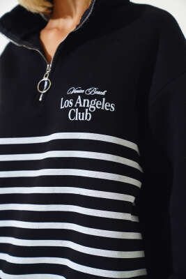 Baskılı Yarım Fermuarlı Sweatshirt Siyah - Kadın Giyim Modelleri