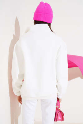 Baskılı Yarım Fermuarlı Üç İplik Sweatshirt Ekru - Kadın Giyim Modelleri