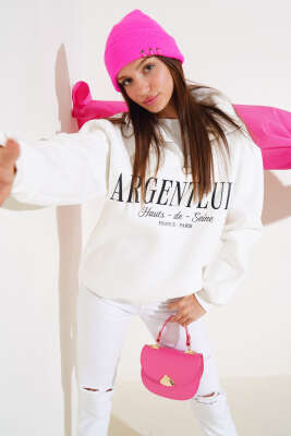 Baskılı Yarım Fermuarlı Üç İplik Sweatshirt Ekru - Kadın Giyim Modelleri