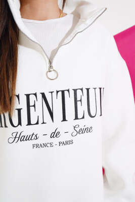 Baskılı Yarım Fermuarlı Üç İplik Sweatshirt Ekru - Kadın Giyim Modelleri