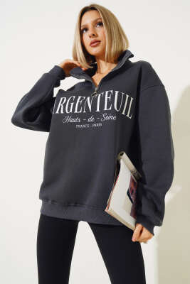 Baskılı Yarım Fermuarlı Üç İplik Sweatshirt Füme 