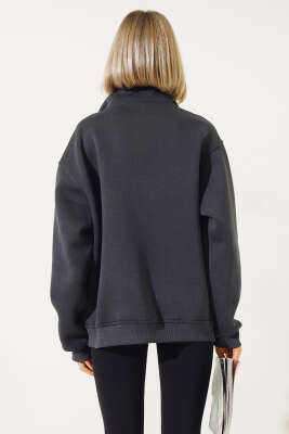 Baskılı Yarım Fermuarlı Üç İplik Sweatshirt Füme - Kadın Giyim Modelleri