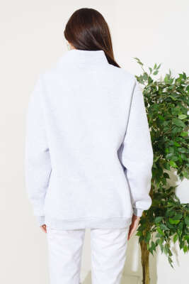 Baskılı Yarım Fermuarlı Üç İplik Sweatshirt Gri - Kadın Giyim Modelleri