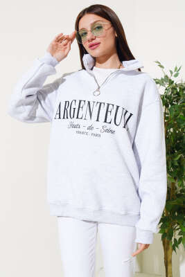 Baskılı Yarım Fermuarlı Üç İplik Sweatshirt Gri - Kadın Giyim Modelleri