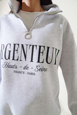 Baskılı Yarım Fermuarlı Üç İplik Sweatshirt Gri - Kadın Giyim Modelleri