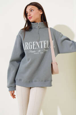 Baskılı Yarım Fermuarlı Üç İplik Sweatshirt Kayrak Grisi - Kadın Giyim Modelleri