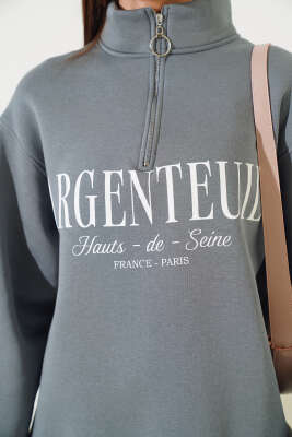 Baskılı Yarım Fermuarlı Üç İplik Sweatshirt Kayrak Grisi - Kadın Giyim Modelleri