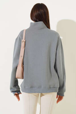 Baskılı Yarım Fermuarlı Üç İplik Sweatshirt Kayrak Grisi - Kadın Giyim Modelleri