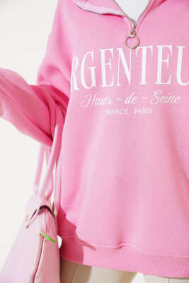 Baskılı Yarım Fermuarlı Üç İplik Sweatshirt Pembe - Kadın Giyim Modelleri