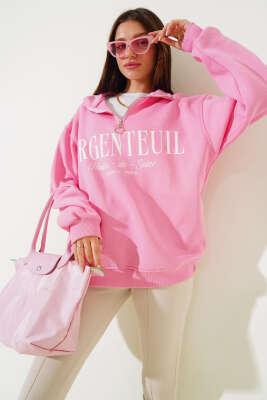 Baskılı Yarım Fermuarlı Üç İplik Sweatshirt Pembe - Kadın Giyim Modelleri