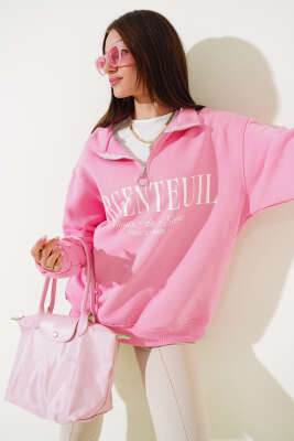 Baskılı Yarım Fermuarlı Üç İplik Sweatshirt Pembe - Yeni Giyim