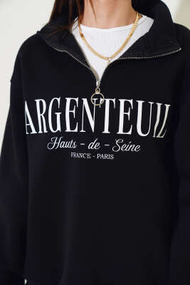 Baskılı Yarım Fermuarlı Üç İplik Sweatshirt Siyah - Kadın Giyim Modelleri