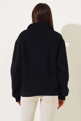 Baskılı Yarım Fermuarlı Üç İplik Sweatshirt Siyah - Kadın Giyim Modelleri
