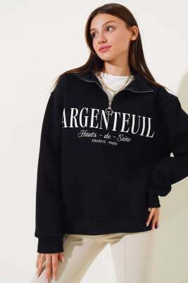 Baskılı Yarım Fermuarlı Üç İplik Sweatshirt Siyah - Kadın Giyim Modelleri