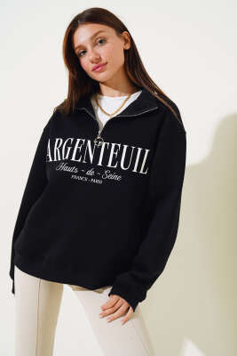 Baskılı Yarım Fermuarlı Üç İplik Sweatshirt Siyah 