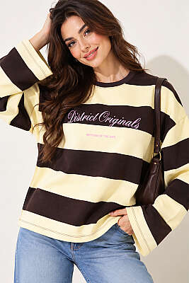 Baskılı Yatay Kalın Çizgili Sweatshirt Kahve - LUSTRİN
