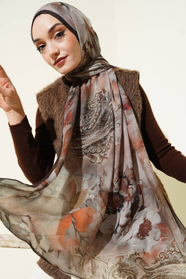 Batik Çiçek Desen Rami Şal Acı Kahve - Başörtüsü