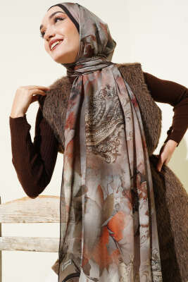 Batik Çiçek Desen Rami Şal Acı Kahve - Başörtüsü