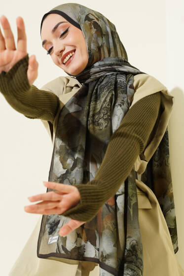 Batik Çiçek Desen Rami Şal Haki - Başörtüsü
